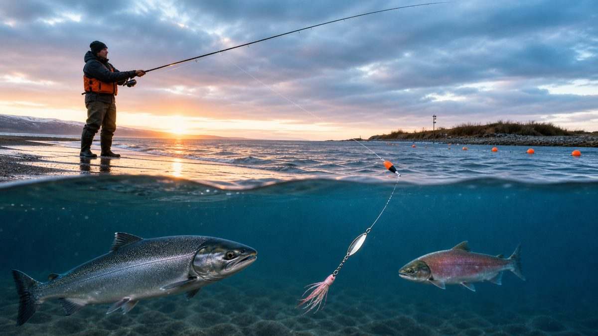 北海道の砂浜でサケとカラフトマスを狙うウキルアー仕掛け