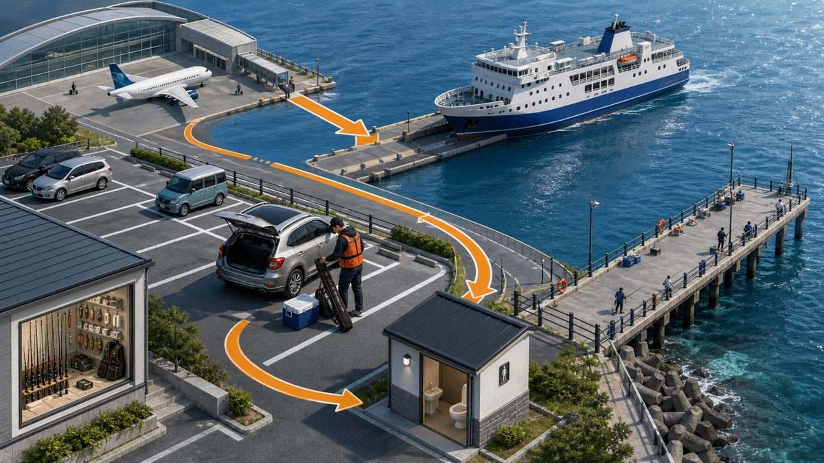 空港・フェリー・車・駐車場・釣具店・トイレを結ぶ釣行準備