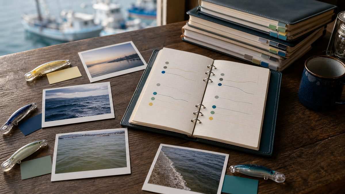 海況写真と色分けした記録から釣行パターンを振り返る様子
