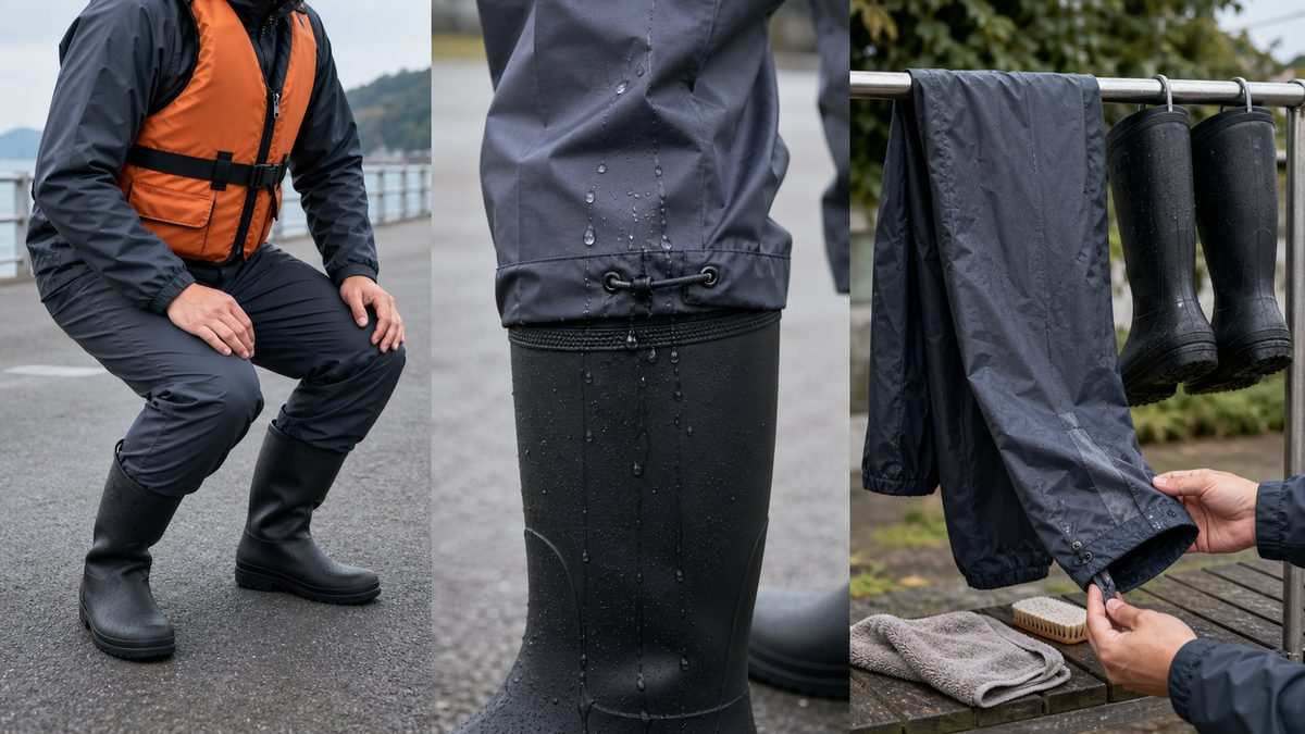 レインパンツと長靴のサイズ確認、裾を長靴の外へ重ねる浸水対策、使用後の手入れを示す実践比較