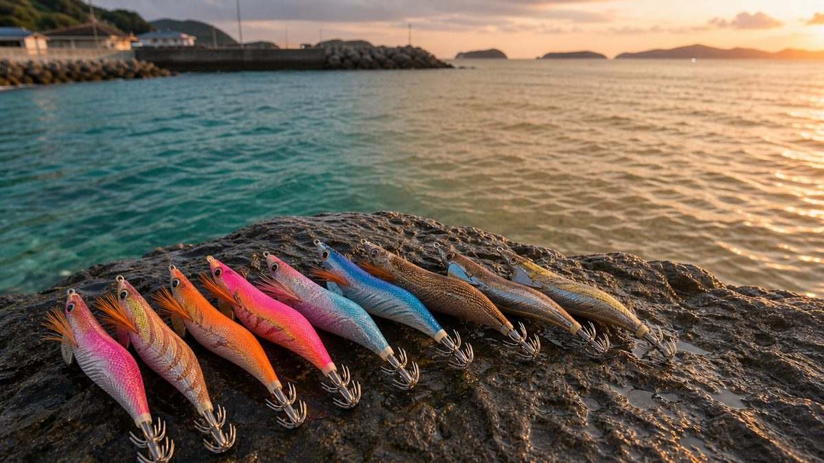 アオリイカ用エギのカラー・タイプ選びの要点をまとめた釣り攻略インフォグラフィック