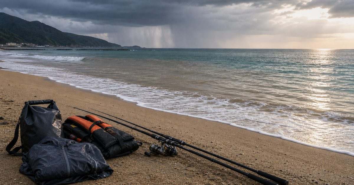 雨の日のサーフ釣りでレインウェアとライフジャケットを砂浜に置いた安全装備の画像