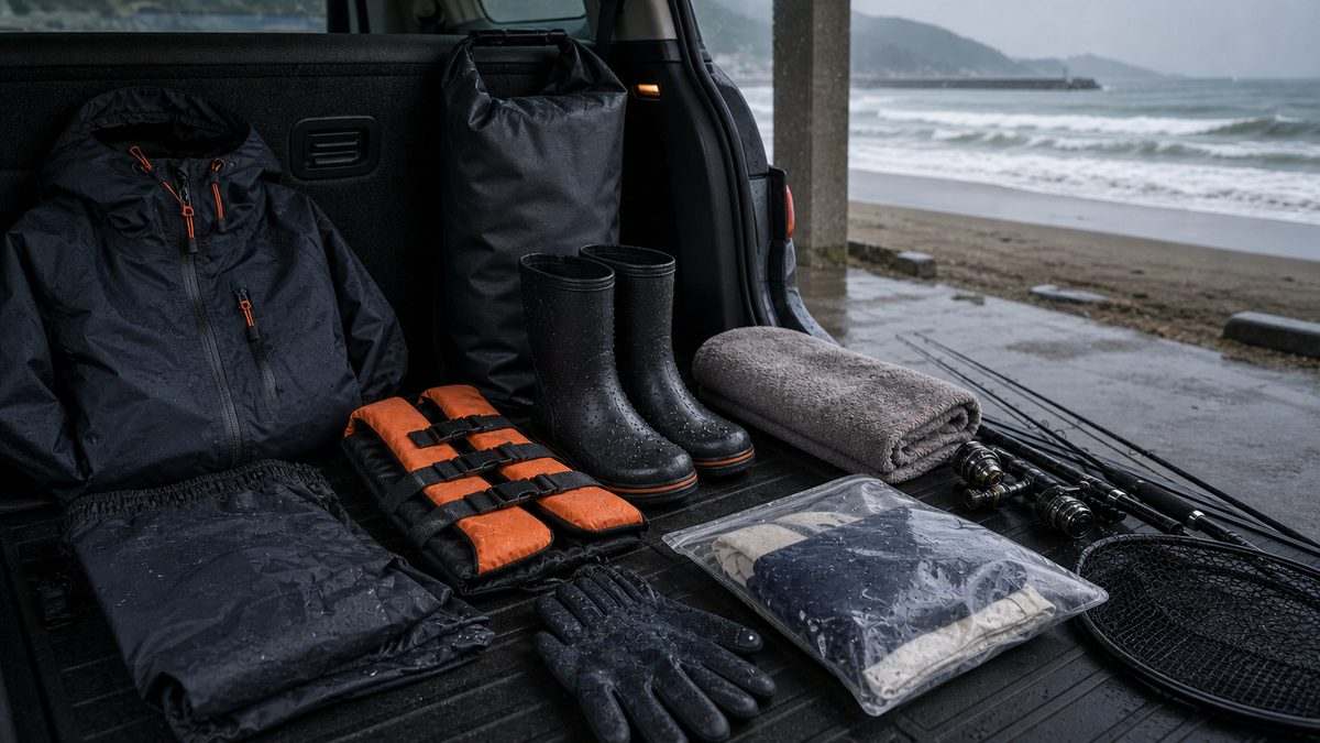 雨のサーフを快適にする装備——濡れない・冷えない・荷物を守るの要点をまとめた釣り攻略インフォグラフィック