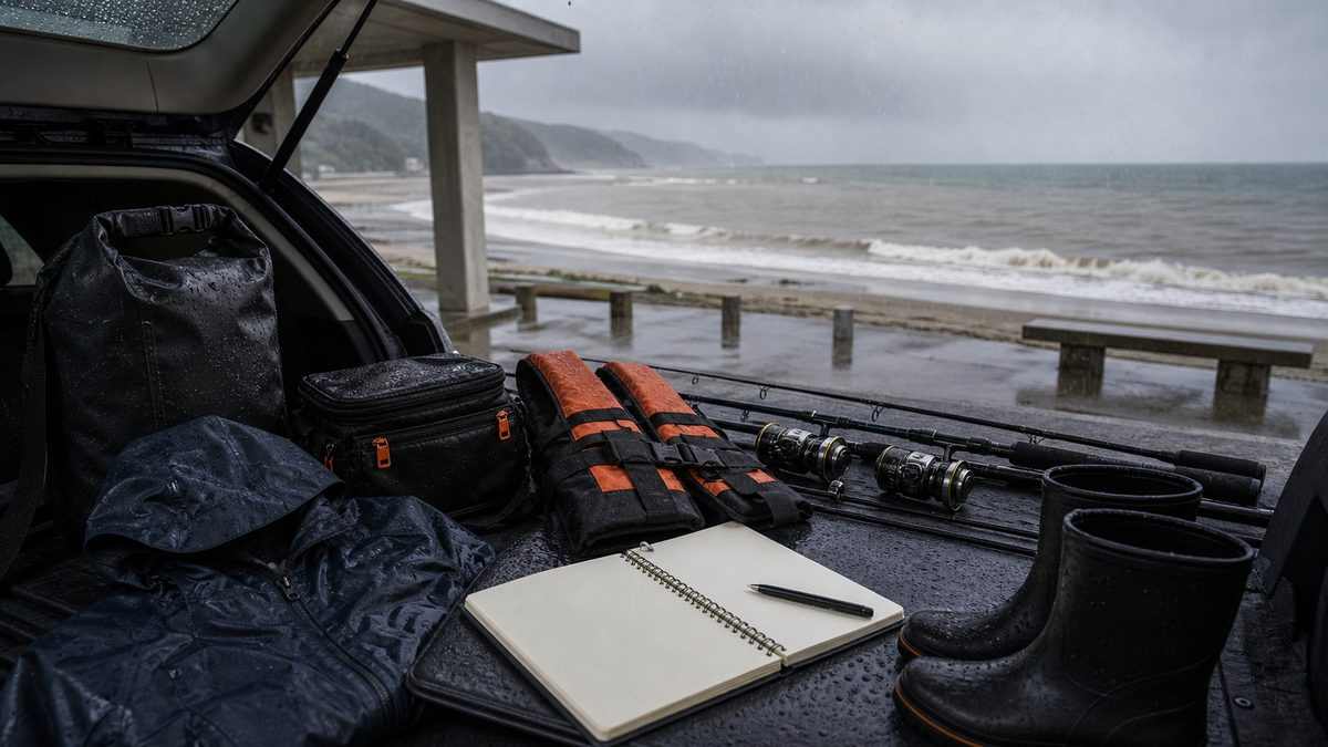 よくある質問（雨の日のサーフ釣り）の要点をまとめた釣り攻略インフォグラフィック